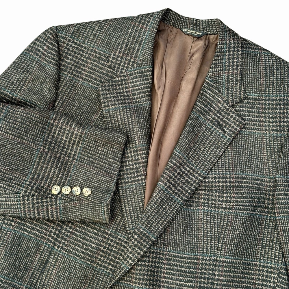 Vintage Union Made Men 42R Wool Blazer Sport Coat Brown Houndstooth Plaid Check